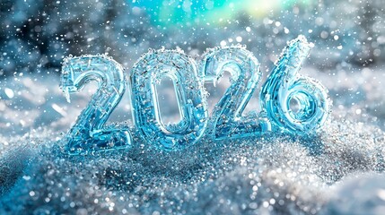 New Year celebration featuring icy 2026 numbers surrounded by sparkling snowflakes illuminated by soft light