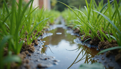Fresh green grass growing beside a muddy water channel  