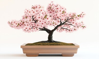 Pink bonsai cherry blossom tree in pot on white background for art prints