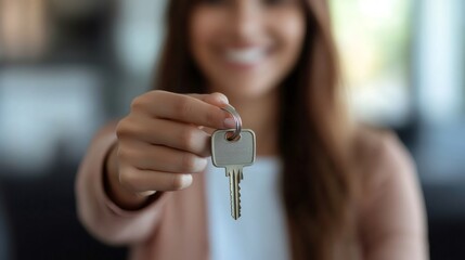 Real estate agent holding keys and smiling, buying new property