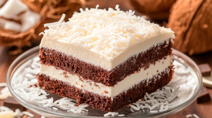 homemade coconut cake with coconut and coconut flakes