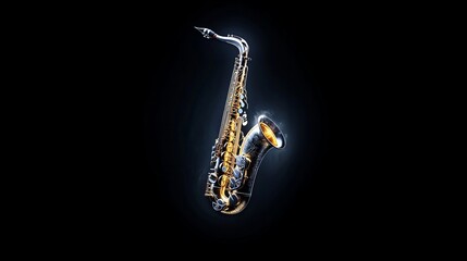 Saxophone in dramatic lighting.  A sleek, metallic instrument against a dark background.
