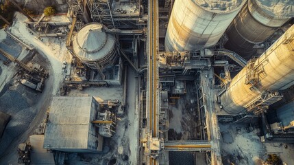 Expansive cement production facility featuring huge kilns, rotating mixers, and conveyor systems