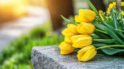 Bouquet of yellow tulips on stone surface