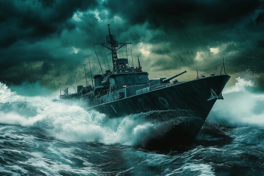 Hyper realistic illustration of an american naval gunboat amid stormy seas in dark blue and green