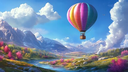 Fototapeta premium Colorful hot air balloon floats over serene landscape.