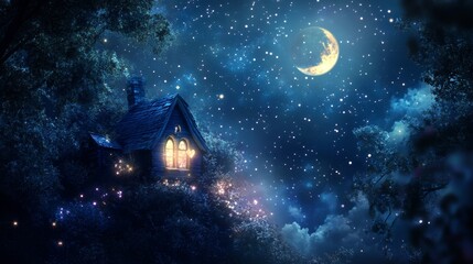 Fototapeta premium Cozy cottage under a starry moonlit sky.