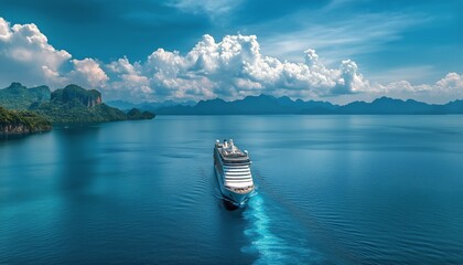 Cruise Ship Navigating Clear Waters Near Lush Islands Under Bright Sky During Daytime