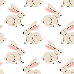 Cute rabbits sit on a simple white background with minimalistic design for various uses