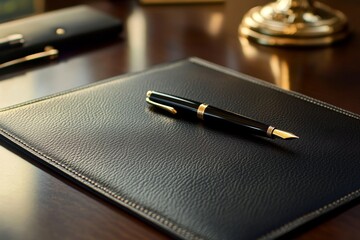 Elegant black leather desk mat with pen on executive table in luxurious office setting