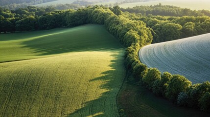Naklejka premium Aerial view of a green field surrounded by trees, perfect for landscape or nature photography