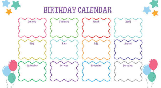  A colorful and playful birthday calendar template with decorative wavy-bordered sections for each month, featuring balloons, stars, and pastel tones for a fun and cheerful design.