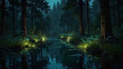 Obraz premium Mystical forest at night with glowing plants by a serene river under a starry sky 