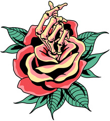 red rose with leaves and finger love sign