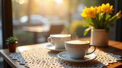 Fototapeta premium two cups of cappuccino with latte art