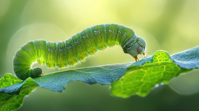 A vibrant green caterpillar munching on a leaf showcasing intricate details and natural beauty