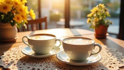 Fototapeta premium two cups of cappuccino with latte art