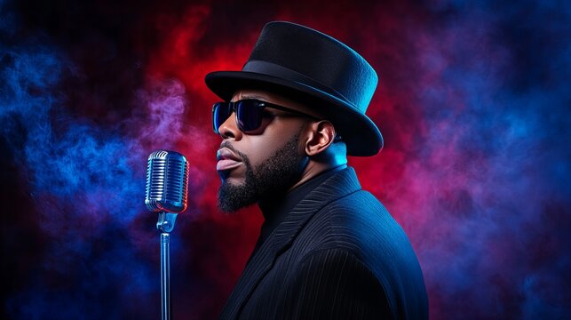 A stylish Black man in a top hat and sunglasses sings into a vintage microphone. Red and blue smoke adds a dramatic effect. - Powered by Adobe