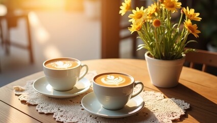 Fototapeta premium two cups of cappuccino with latte art