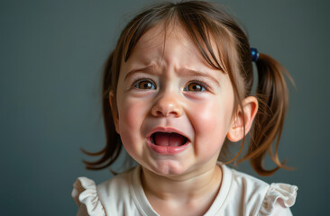 Upset toddler girl with pigtails crying in emotional close-up portrait.