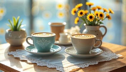 Fototapeta premium two cups of cappuccino with latte art