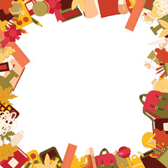 Frame made of colored stationery and school supplies on a white background. For posters and announcements. School supplies. Ready for school stuff. Back to school. Vector illustration