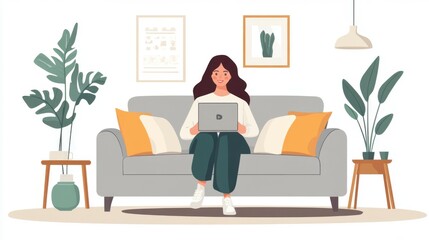 Young woman with notebook video chatting on grey sofa in light living room