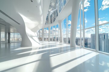 Modern office interior with panoramic city views and bright, clean design in contemporary style.