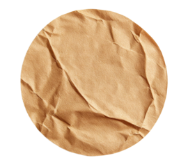 Round crumpled sticker made of recycled craft brown paper with transparent background, ideal for eco friendly projects