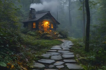 A stone pathway through a forest, leading to a hidden cabin with smoke curling from the chimney