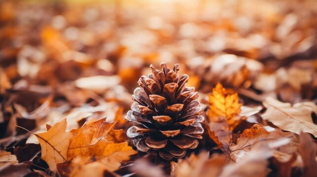 Autumn Pine Cone Amidst Fallen Leaves A Seasonal Nature Scene Capturing the Warmth of Fall Col