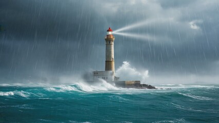 A lone lighthouse standing strong amidst turbulent waters
