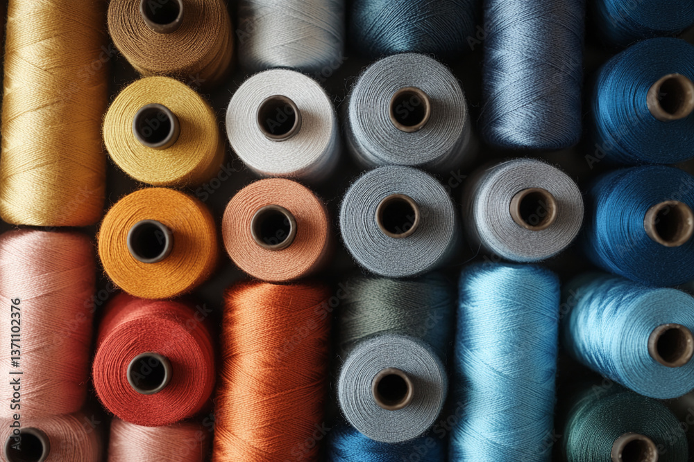 Poster overhead shot of numerous spools of thread, showcasing a variety of muted colors. the image represen