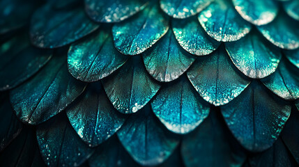 Obraz premium Macro shot of a sirenâs iridescent scales shimmering in shades of deep blue and emerald green under the moonlight.
