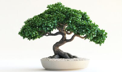 Small bonsai tree in a pot on a white background, ideal for minimalist design
