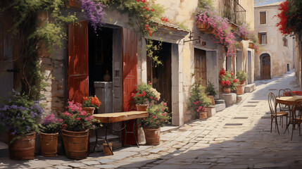 Obraz premium Charming spring landscape in a quaint European city with vibrant flowers and rustic streets