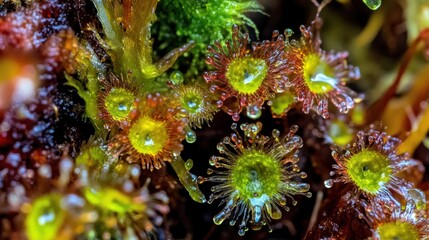 CloseUp of Vibrant Carnivorous Plant with Sticky Droplets Capturing Insects in a Lush Moist H