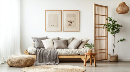 Modern concept of domestic interior with design sofa, wooden room screen, pillow, blanket, picture frame , side wooden stool and elegant personal accessories in stylish home decor. Template.