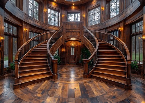 Grand Wooden Double Staircase Interior.