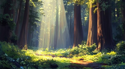 Obraz premium Sunlight filters through towering forest trees.