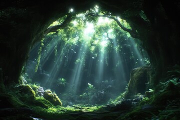 Obraz premium Lush forest interior, sunlight streams through canopy