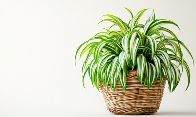 Spider plant in wicker basket on white for home decor