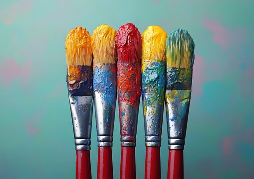 Five brightly colored art paint brushes arranged neatly together