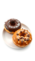 Chocolate glazed gourmet vegan donuts | tasty classic donuts with white background 