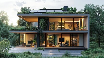 Modern eco-friendly home exterior at sunset with lush garden