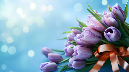Lavender tulips elegantly tied with a copper ribbon on a serene sky-blue backdrop for special occasions. Azure Mist. Illustration