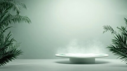 Tranquil green scene with round platform and palm leaves
