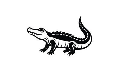 Crocodile straight tail art silhouette, crocodile silhouette with straight tail and head turned upward in vector style on white background  