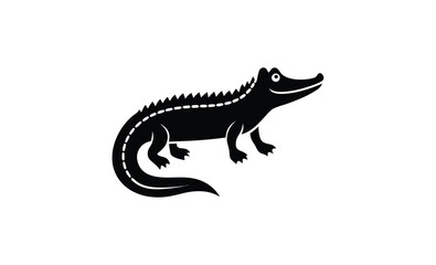 Crocodile straight tail art silhouette, crocodile silhouette with straight tail and head turned upward in vector style on white background  