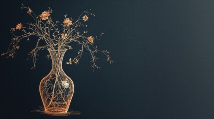 Artistic vase with flowers and branches in glowing outline on dark background with copy space